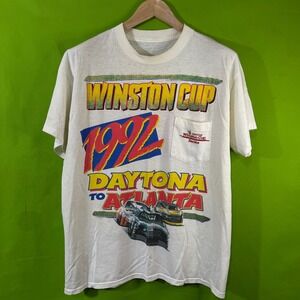 Large Vintage 1992 Winston Cup NASCAR Daytona to Atlanta Pocket Race Shirt White